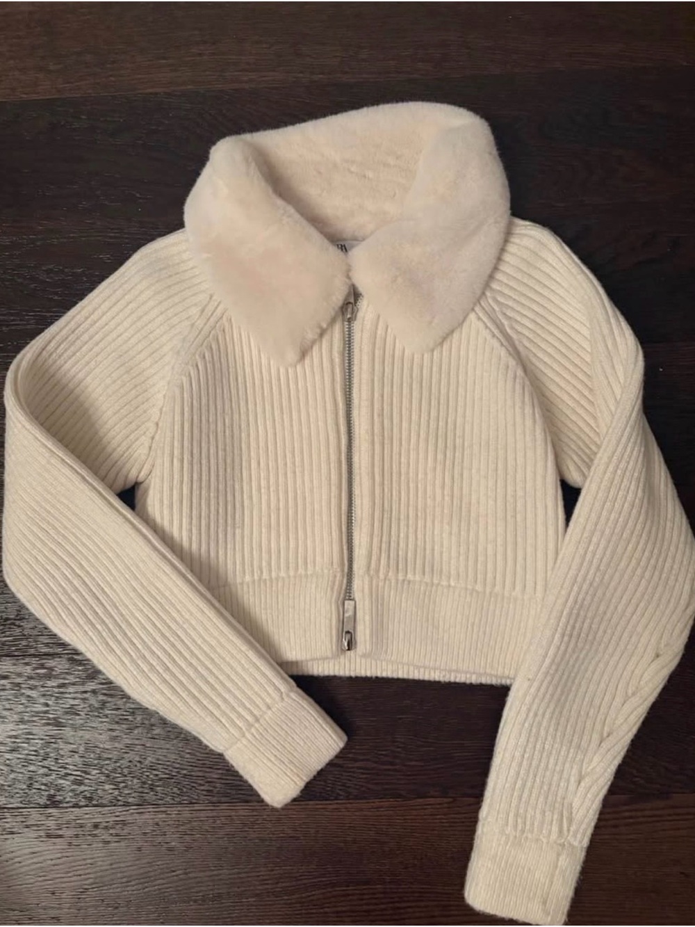 Zara Zip-Front Ribbed Sweater with Faux Fur Collar